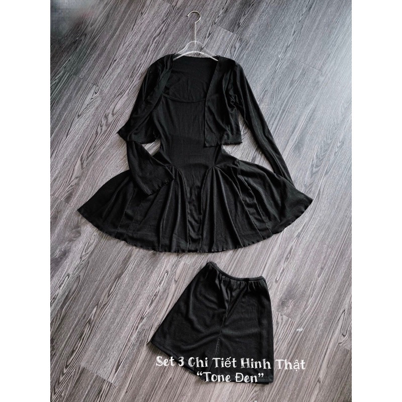 SÉT 3 MÓN ĐẦM HAI DÂY CHẮP TÙNG KẺ SỌC KÈM ÁO KHOÁC LỬNG DỄ THƯƠNG