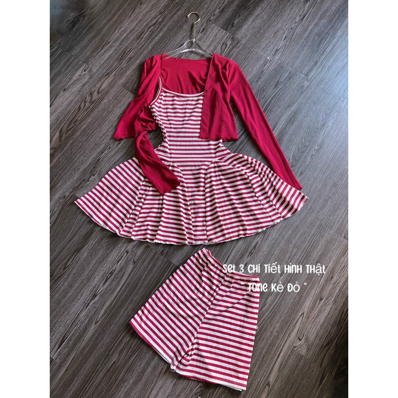 SÉT 3 MÓN ĐẦM HAI DÂY CHẮP TÙNG KẺ SỌC KÈM ÁO KHOÁC LỬNG DỄ THƯƠNG