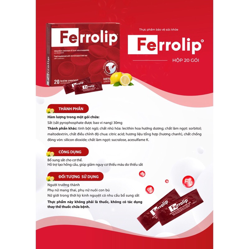 Combo 2 hộp sắt Ferrolip 20 gói dành cho mẹ bầu và người thiếu máu thiếu sắt