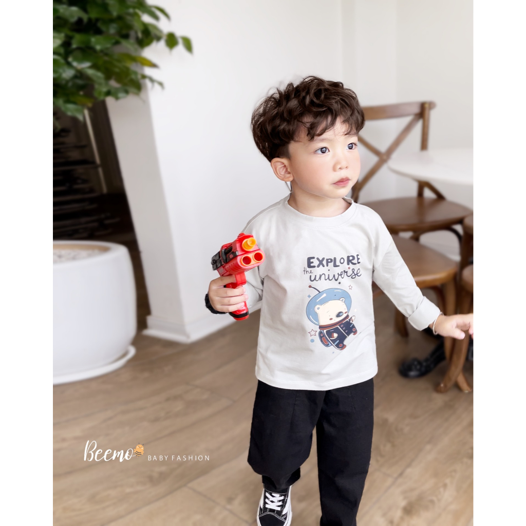 Áo thun dài tay in hình gấu phi hành gia Beemo cho bé, áo phông cotton dài tay Beemo in hoạt hình