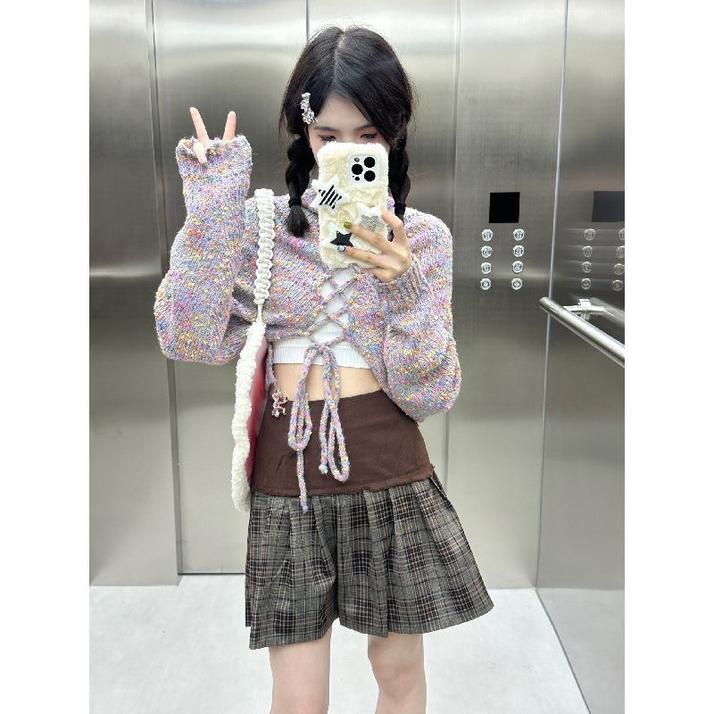 Áo Sweater Dệt Kim Dáng Ngắn Cột Dây Thời Trang Mùa Xuân 2023 Phong Cách Mới Cho Nữ