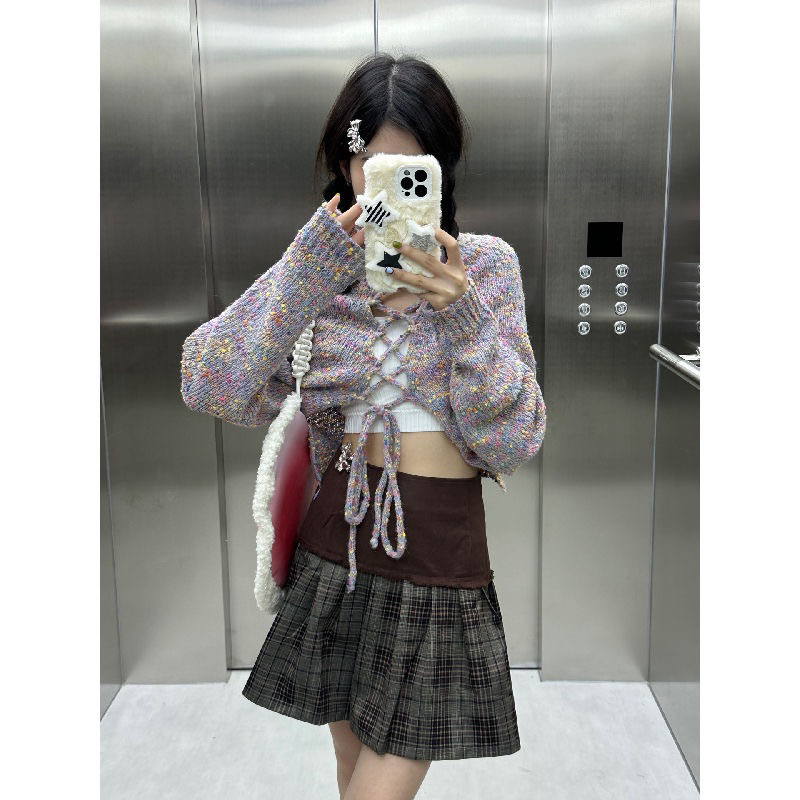 Áo Sweater Dệt Kim Dáng Ngắn Cột Dây Thời Trang Mùa Xuân 2023 Phong Cách Mới Cho Nữ