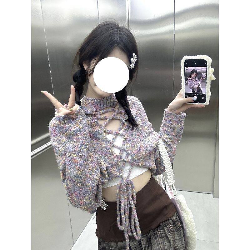 Áo Sweater Dệt Kim Dáng Ngắn Cột Dây Thời Trang Mùa Xuân 2023 Phong Cách Mới Cho Nữ