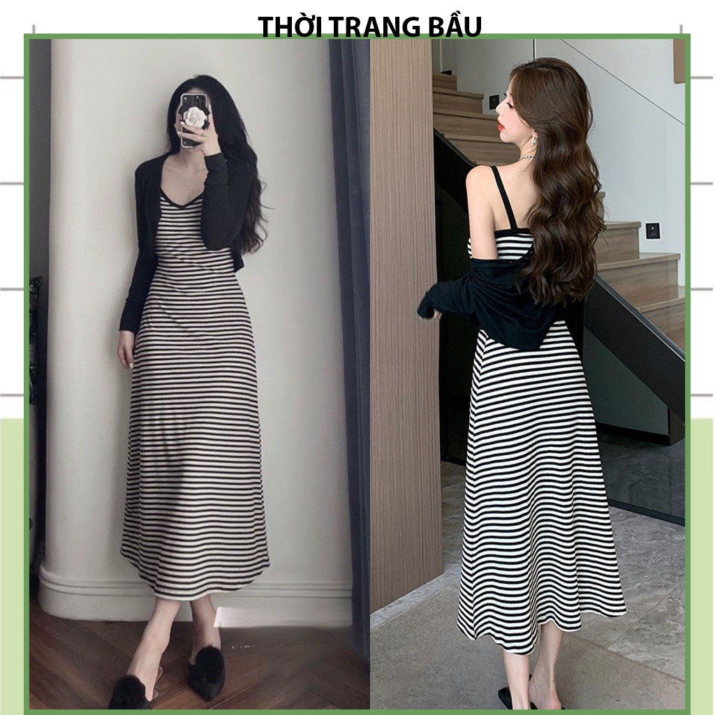 VÁY ĐẦM BẦU KẺ 2 DÂY KỀM ÁO LEN CARDIGAN VINTAGEN THỜI TRANG-ĐẦM BẦU MÙA THU CỰC SANG FRESIZE CHO MẸ BẦU