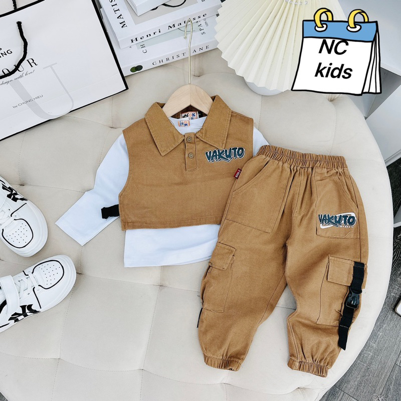 Sét bộ quần áo bé trai vải kaki mềm ba chi tiết