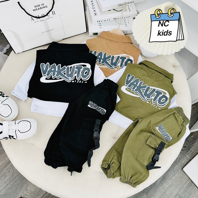 Sét bộ quần áo bé trai vải kaki mềm ba chi tiết