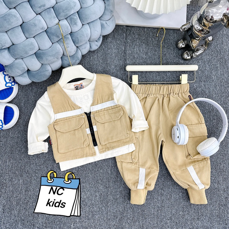 Sét bộ quần áo 3 chi tiết cho bé trai áo gile+quần dài kaki+áo phông trắng
