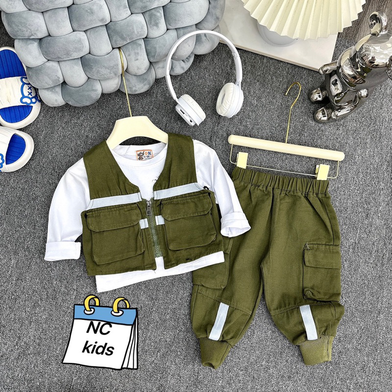 Sét bộ quần áo 3 chi tiết cho bé trai áo gile+quần dài kaki+áo phông trắng