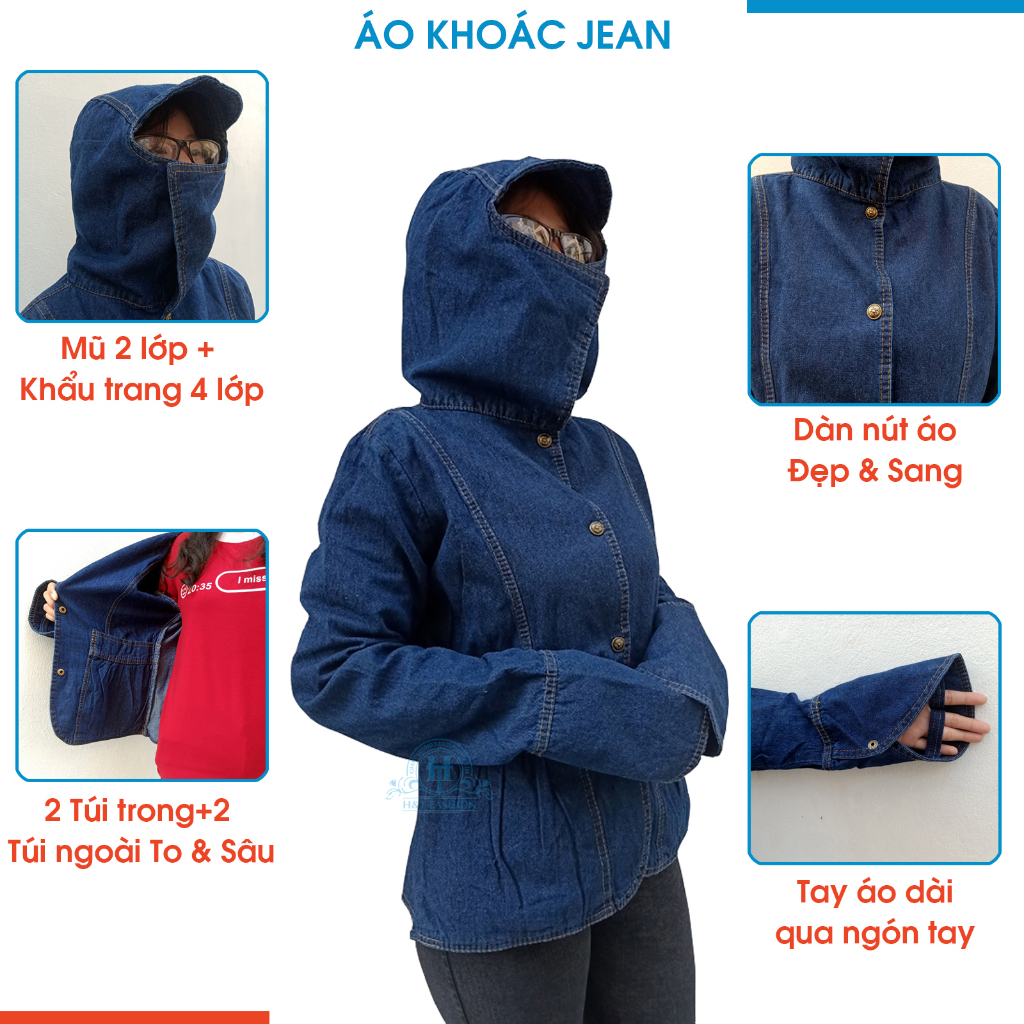 Áo chống nắng jean cao cấp, áo khoác nữ có mũ cho nữ dưới 90 kg AJHT01 H&T FASHION