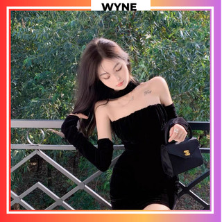 Đầm Body Wyne Hở Vai Vải Nhung, Váy Bó Sát Kèm Bao Tay Xinh Đẹp Quyến Rũ Thiết Kế Thu Đông