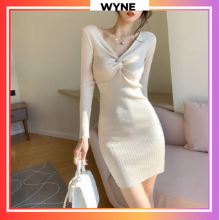 Đầm Body Wyne Vải Thun Tăm Tôn Dáng, Váy Ngắn Dài Tay Bó Sát Cách Điệu Ngực Phong Cách Thu Đông Hàn Quốc