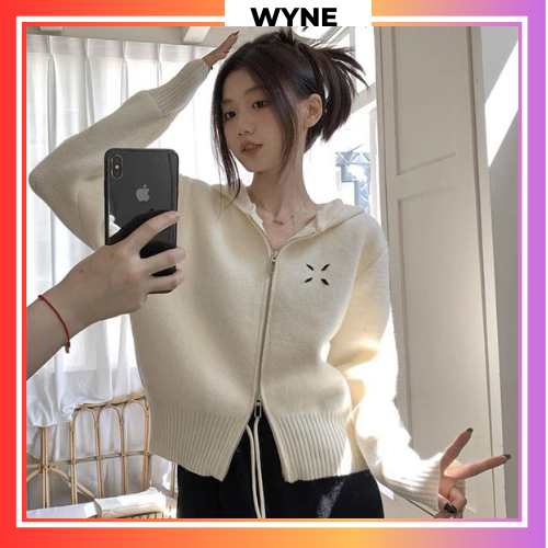 Áo Cardigan Wyne Len Mỏng, Áo Khoác Mũ Trùm Dịu Dàng Màu Trắng Xinh Đẹp Ngọt Ngào
