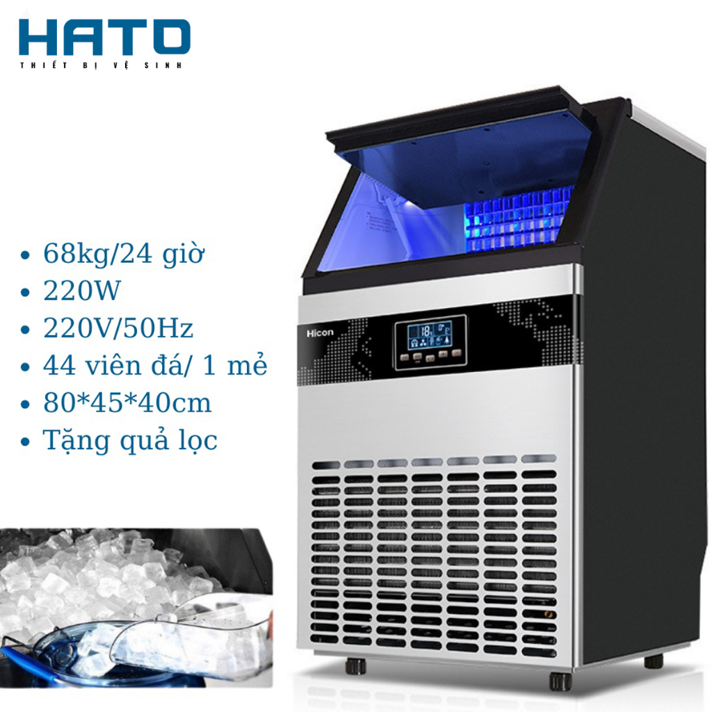 Máy Làm Đá Viên Tự Động Hicon Công Xuất 68kg/Ngày Làm Đá Cấp Tốc Từ 12-20 Phút 1 Mẻ, Tặng Kèm Quả Lọc, Bảo Hành 1 Năm