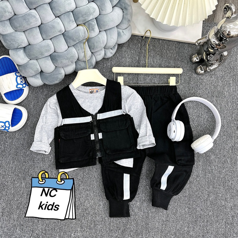 Sét bộ quần áo 3 chi tiết cho bé trai áo gile+quần dài kaki+áo phông trắng