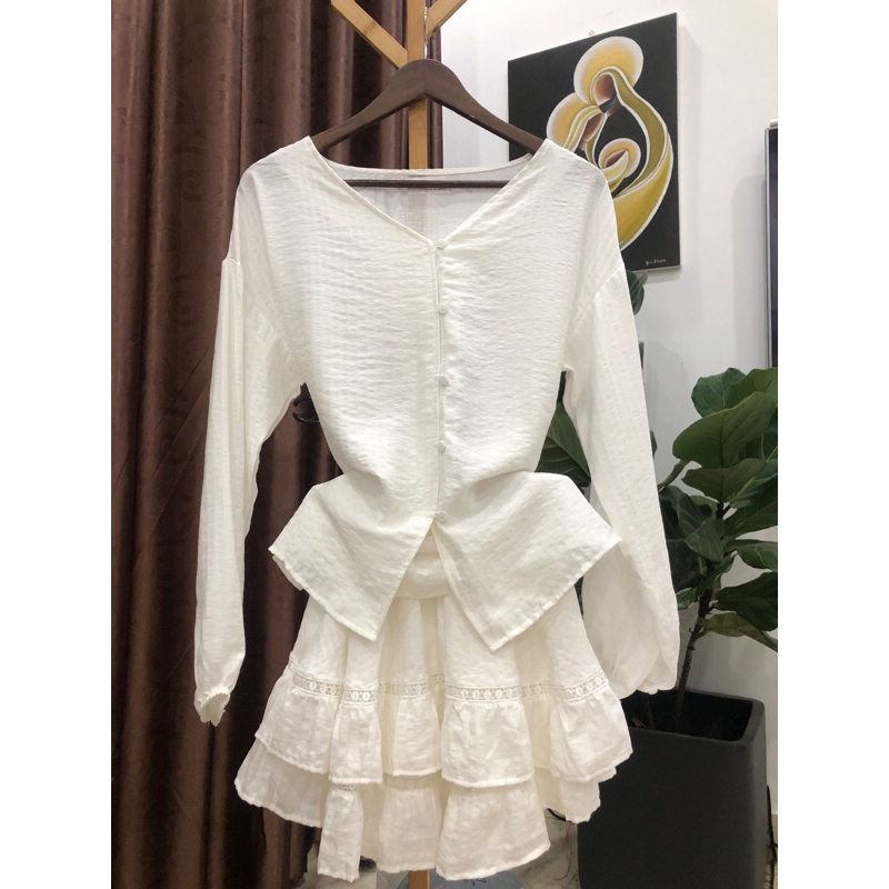 Set áo trắng dài tay thắt eo + váy xoè phối ren thêu cao cấp NEW