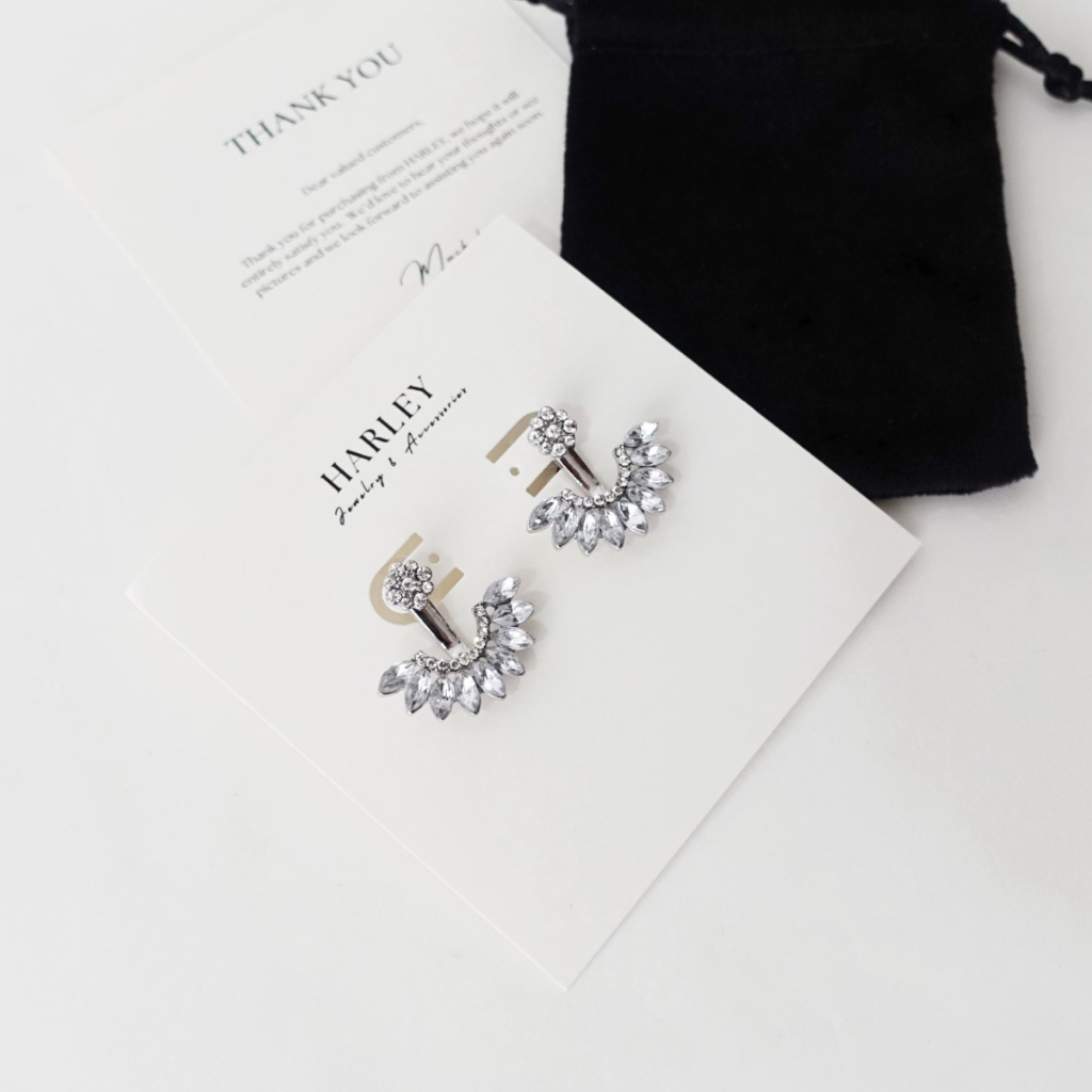 Bông tai đi tiệc ✨đính đá hình cánh quạt✨ màu bạc phong cách Hàn Quốc sang trọng thanh lịch, Harley Jewelry