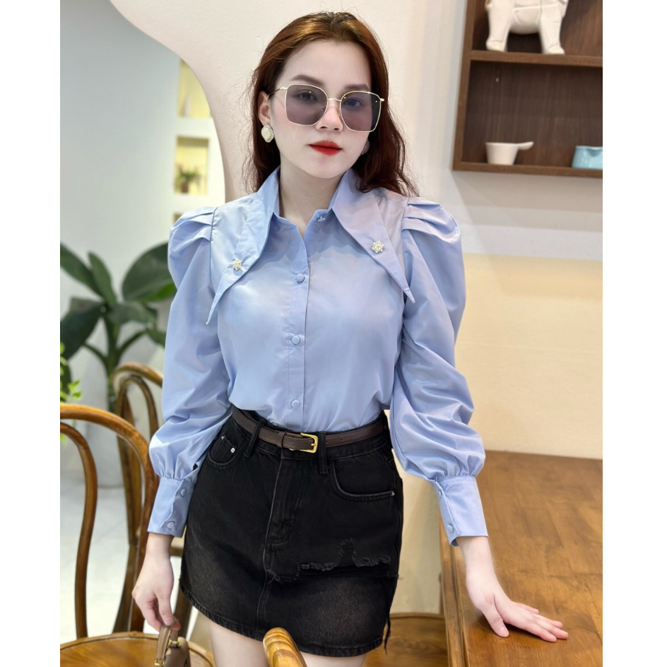 ÁO SƠ MI KIỂU CỔ NHỌN ĐÍNH ĐÁ BỒNG VAI