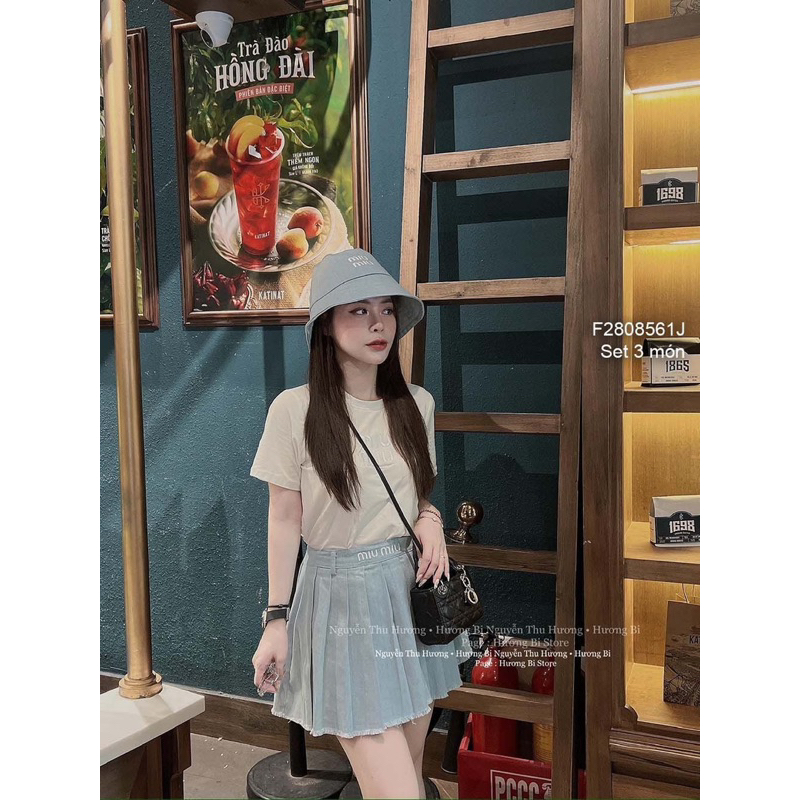 Set 3 món áo thun thêu chữ miumiu tay con phối chân váy jean ngắn kèm nón!