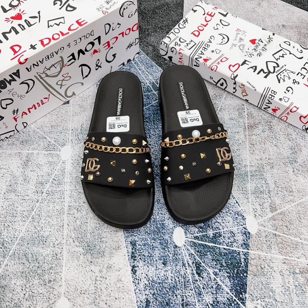 Dép Quai Ngang Nam Nữ D.G Đính Hạt Kèm Xích Siêu Câp Đế Cao Su Chống Trơn Chống Trượt, Dép Lê Nam Nữ Siêu Cấp