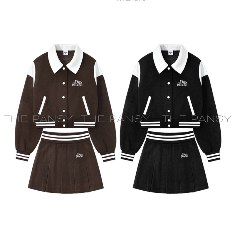 Set áo cổ bẻ trắng + chân váy xòe logo thêu chữ Dsu Studio mã 103