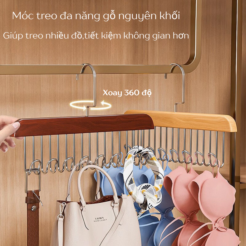 Móc Gỗ Treo Đồ Lót 8 Mắc,Móc Treo Áo 2 Dây Bra,Treo Khăn Cà Vạt Thắt Lưng,Móc Treo Túi Xách Đa Năng Tiện Lợi Ngăn Nắp
