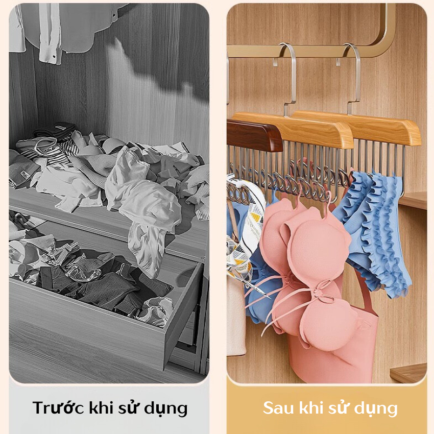 Móc Gỗ Treo Đồ Lót 8 Mắc,Móc Treo Áo 2 Dây Bra,Treo Khăn Cà Vạt Thắt Lưng,Móc Treo Túi Xách Đa Năng Tiện Lợi Ngăn Nắp