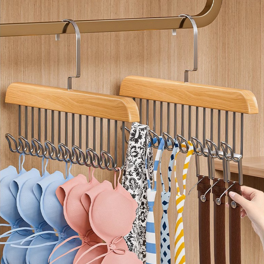 Móc Gỗ Treo Đồ Lót 8 Mắc,Móc Treo Áo 2 Dây Bra,Treo Khăn Cà Vạt Thắt Lưng,Móc Treo Túi Xách Đa Năng Tiện Lợi Ngăn Nắp