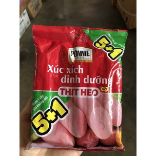 Xúc xích thịt heo Ponnie gói nhỏ 5 cây 105g và gói to 6 cây 210g.