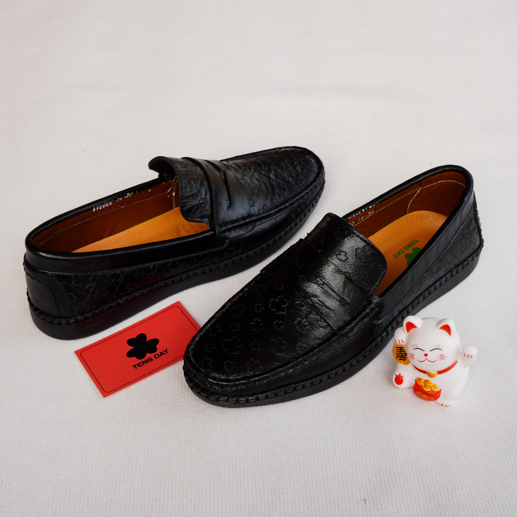 Giày Lười Nam Thời Trang, Da Bò Thật Hoa Văn Đế Cao Su. Tengday Vietnam - Màu đen, nâu, vàng