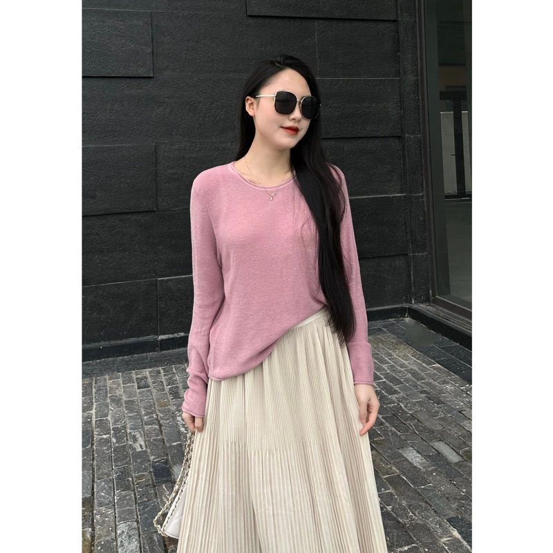 Mới về A830 Áo len nữ dài tay Quảng Châu cổ tròn phong cách Hàn Quốc basic đơn giản màu nâu kem đen hồng
