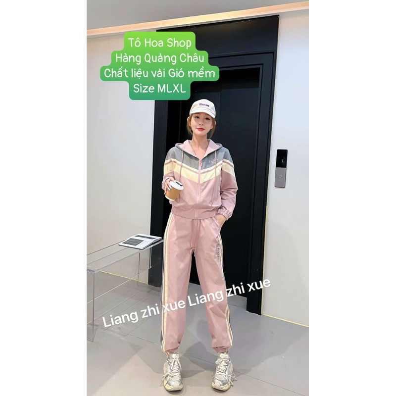 Bộ ngủ nữ.sét thể thao kéo khoá có mũ đồ mặc nhà thu đông chất vải gió lụa co giãn hàng quảng châu.tohoa_shop.Size MLXL