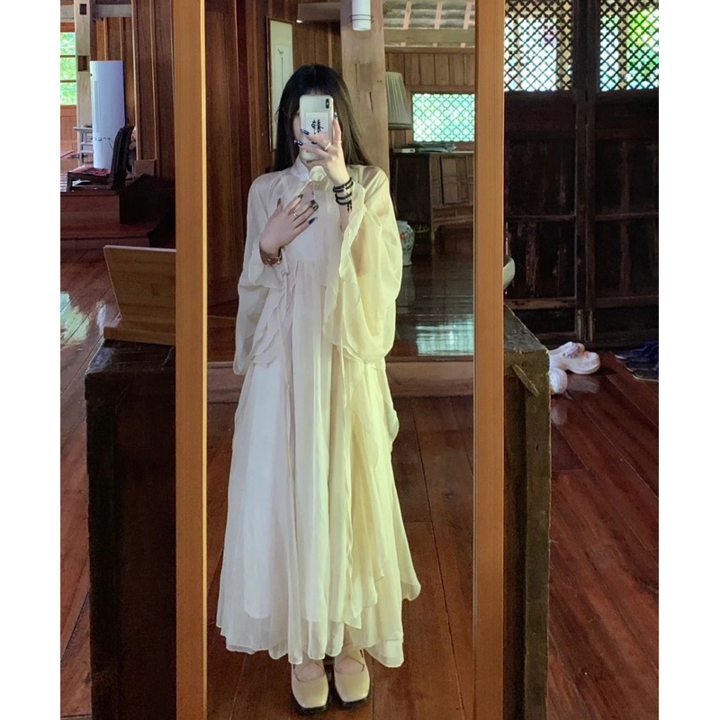 Đầm tiểu thư 2 dây dáng dài cổ trang + áo nữ dài tay Hathor thời trang xứ A Nam