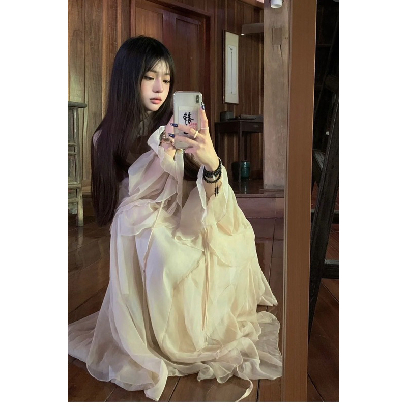 Đầm tiểu thư 2 dây dáng dài cổ trang + áo nữ dài tay Hathor thời trang xứ A Nam