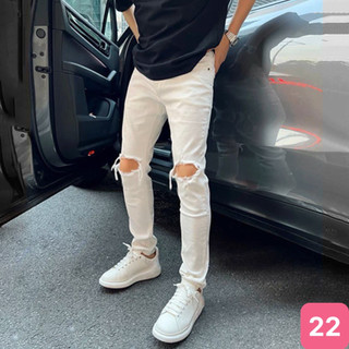 Quần jean nam boy phố màu trắng trơn rách gối chất bò co dãn 4 chiều cực đẹp, quần rin nam 06HD NHIỀU MẪU HOT
