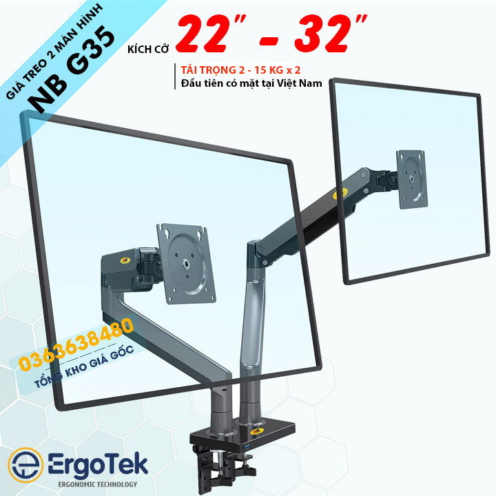 Giá Treo Hai Màn Hình NB G35 22" - 32" - Tay Arm Đỡ 2 Màn Hình Gắn Bàn [ Cao Cấp Hơn NB F160 - H180 ]