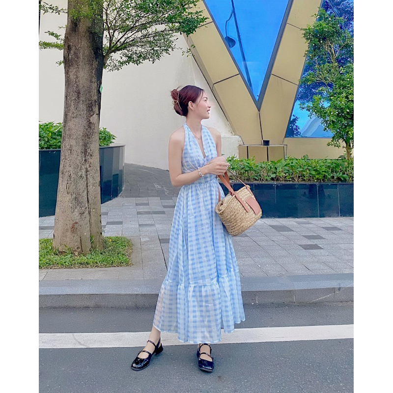 𝐌𝐚𝐲𝐚 𝐃𝐫𝐞𝐬𝐬 - Đầm yếm hoạ tiết caro xanh baby