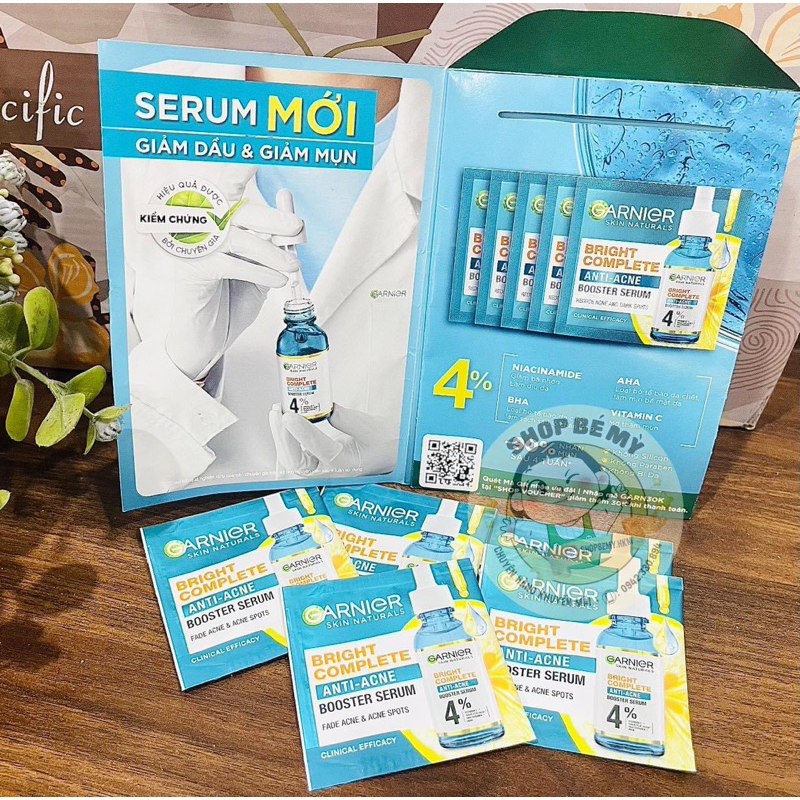Serum Garnier Giảm Mụn Mờ Thâm Da Dầu Mụn gói Sample 1.5g- Tinh Chất BHA Salicylic Niacinamide AHA Vitamin C