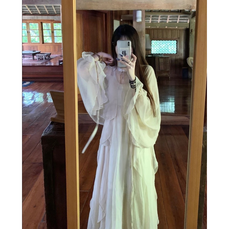 Đầm tiểu thư 2 dây dáng dài cổ trang + áo nữ dài tay Hathor thời trang xứ A Nam
