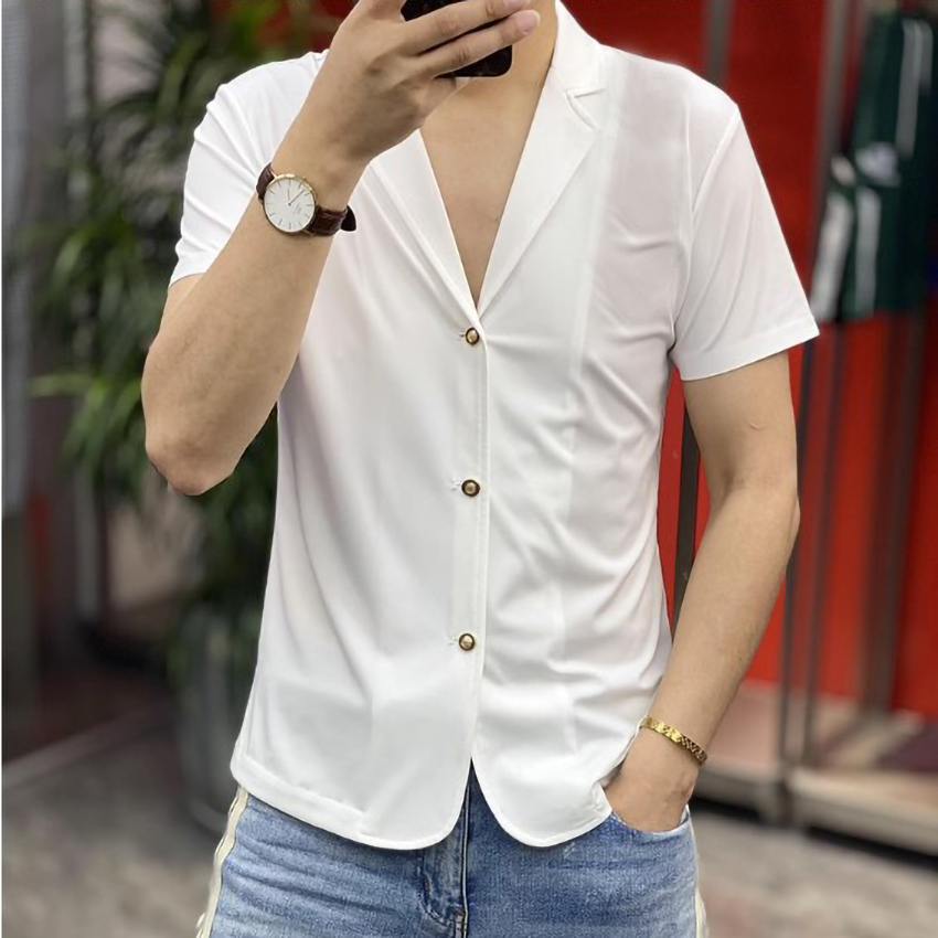 Áo sơ mi nam trơn cổ vest sang chảnh cực chất 2 màu đen trắng thích hợp đi chơi tiệc tùng H78
