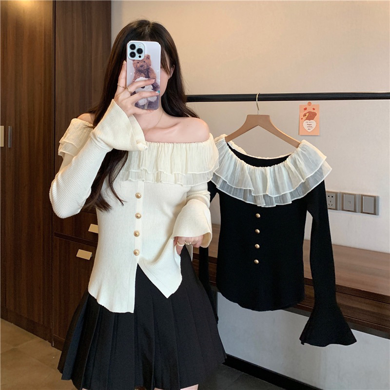 Áo thun gân trễ vai tay xoè