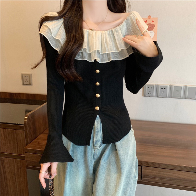 Áo thun gân trễ vai tay xoè