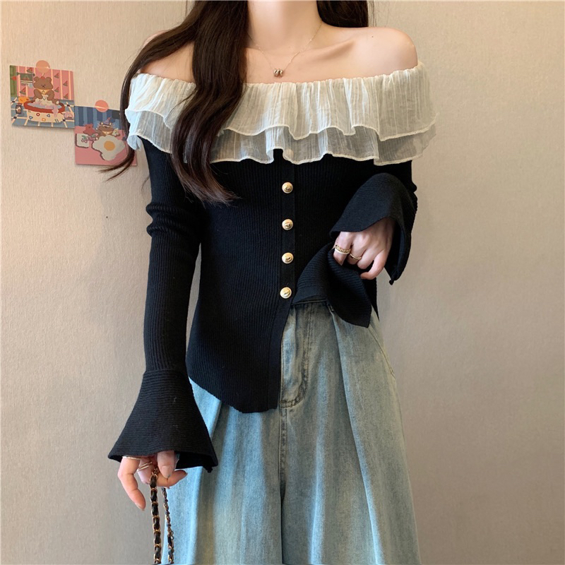 Áo thun gân trễ vai tay xoè