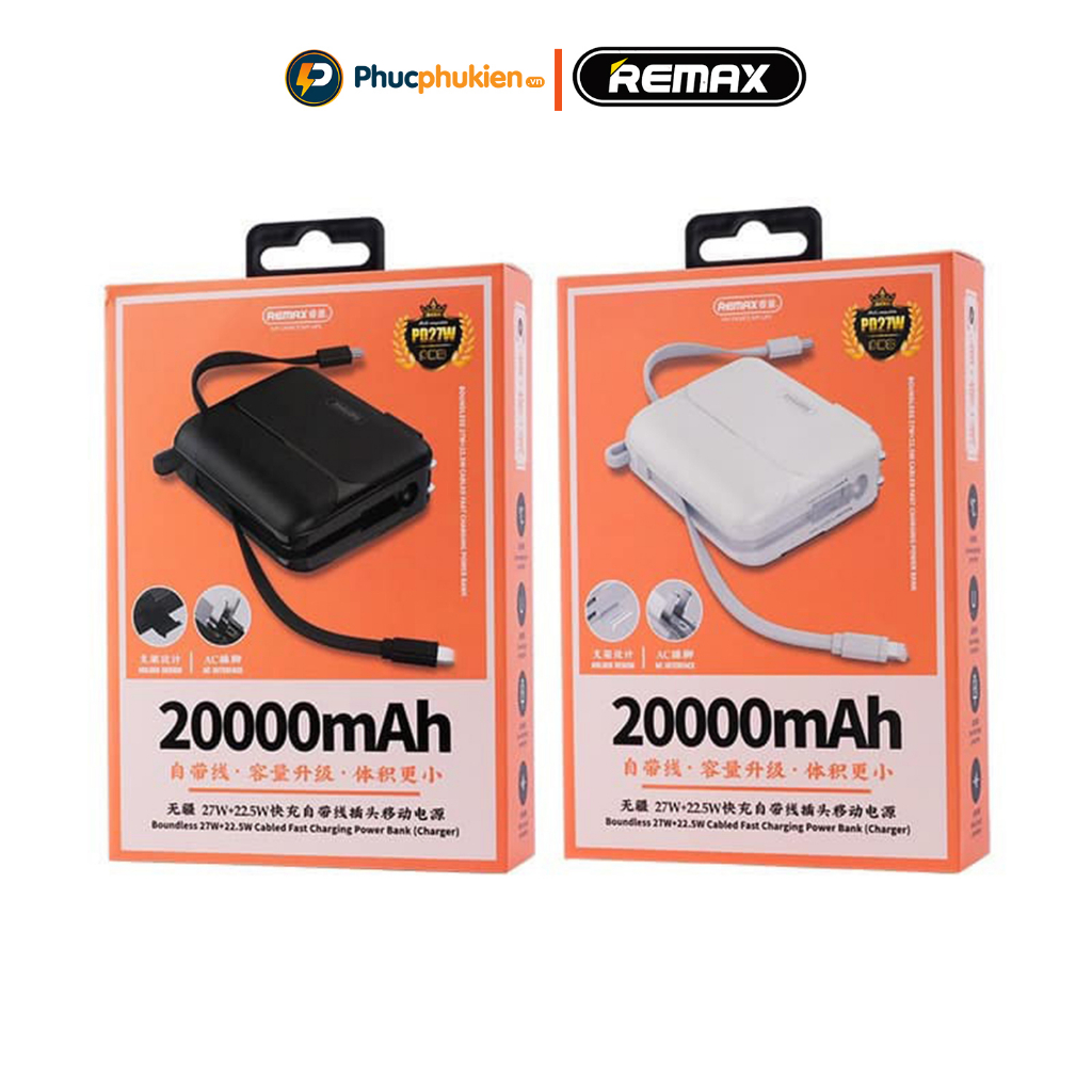 Sạc dự phòng 20000mah Remax Rpp 267 thiết kế all in one vừa là củ sạc vừa là pin dự phòng kèm 2 dây sạc - Phúc Phụ Kiện