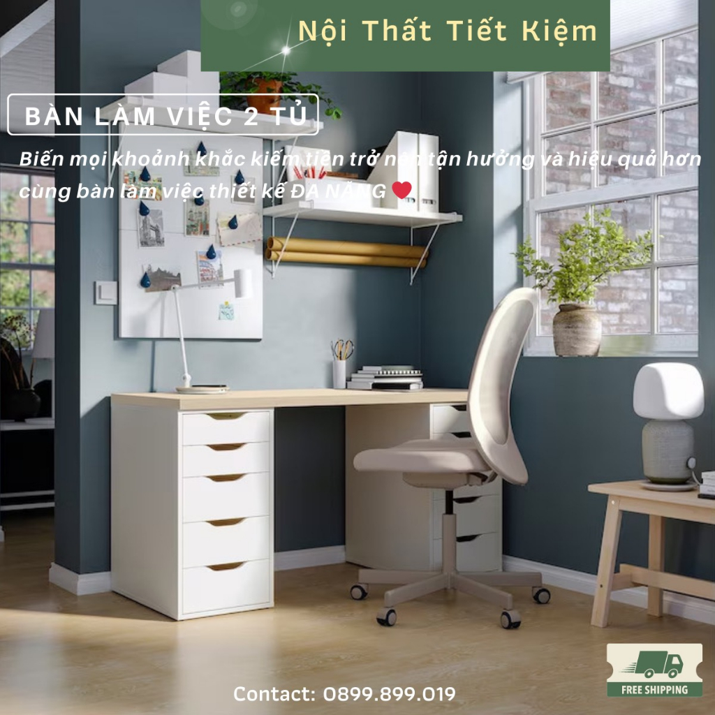 Bàn làm việc Nội Thất Tiết Kiệm mặt bàn vân gỗ dày 2 tủ kết hợp bàn gaming thiết kế theo ikea NTTKBI15
