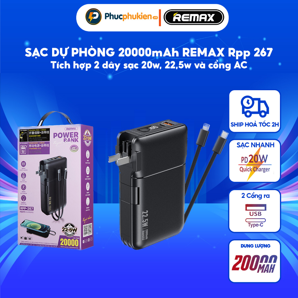 Sạc dự phòng 20000mah Remax Rpp 267 thiết kế all in one vừa là củ sạc vừa là pin dự phòng kèm 2 dây sạc - Phúc Phụ Kiện