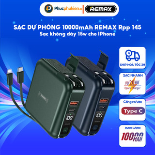 REMAX sạc dự phòng Remax RPP 145 10000mah tích hợp dây sạc, sạc không dây 15w chân cắm AC Phúc Phụ Kiện