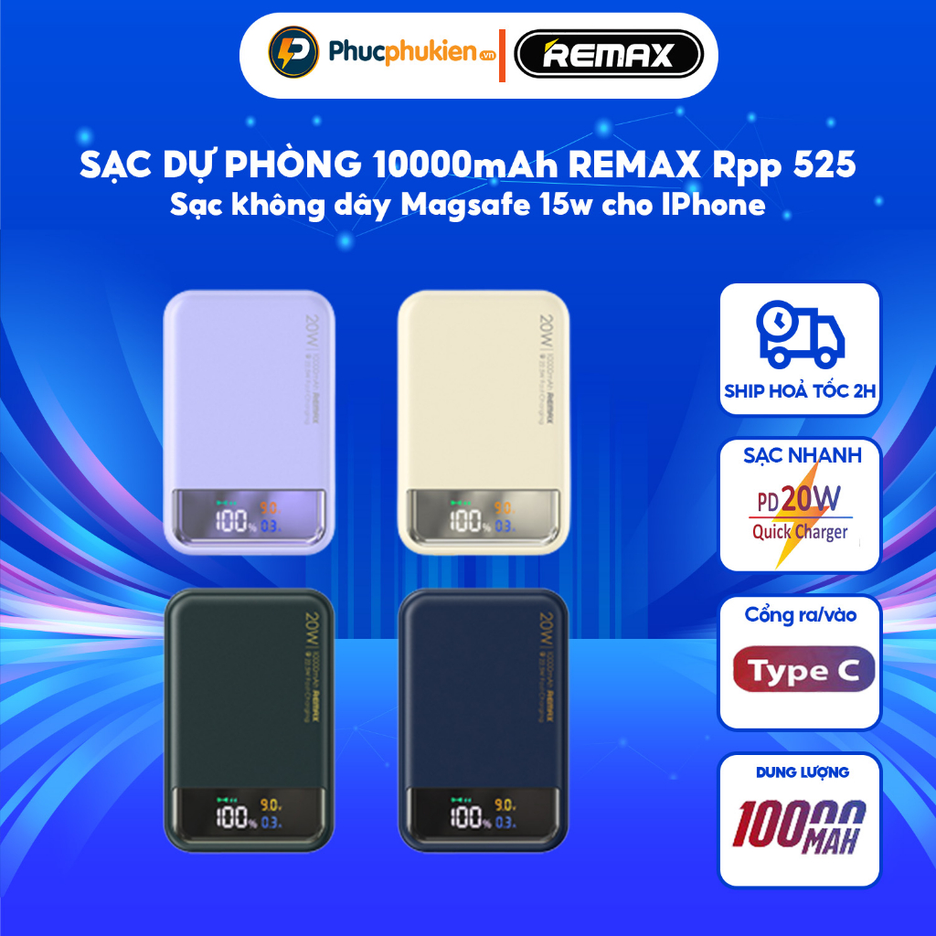 Sạc dự phòng không dây 10000mah Remax RPP 525 hỗ trợ sạc không dây 15w và 2 cổng sạc 20w và 22,5w Phúc Phụ Kiện