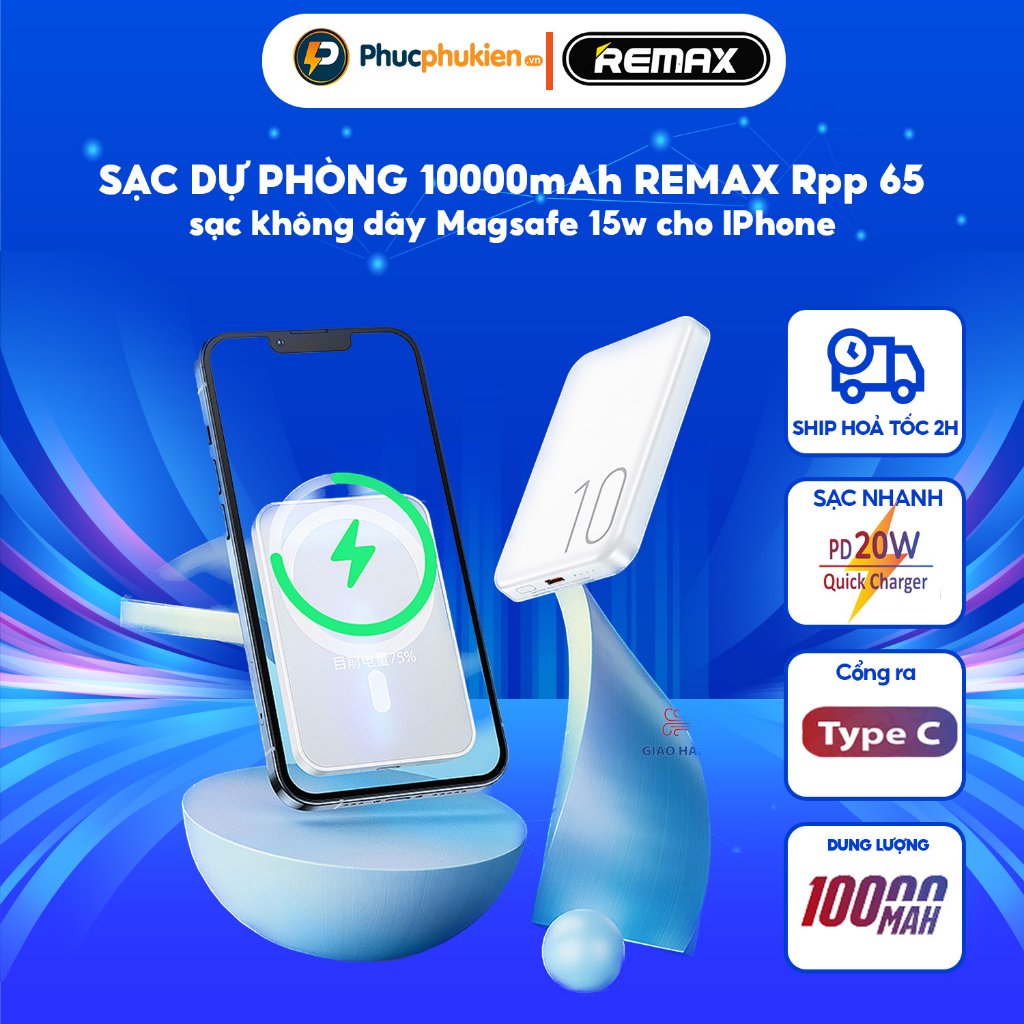 Sạc dự phòng không dây 10000mah chính hãng Remax RPP 65 hỗ trợ sạc không dây 15w và sạc nhanh 2 chiều 20w Phúc Phụ Kiện