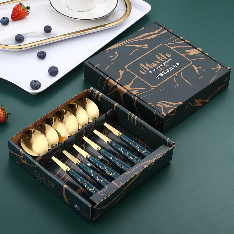 Set 6 thìa inox mạ vàng cán màu xanh ngọc vân đá cao cấp hàng loại 1 kèm hộp sang trọng