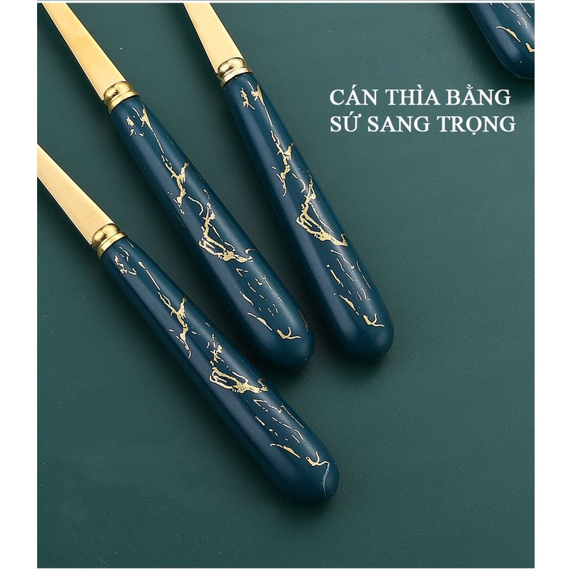 Set 6 thìa inox mạ vàng cán màu xanh ngọc vân đá cao cấp hàng loại 1 kèm hộp sang trọng